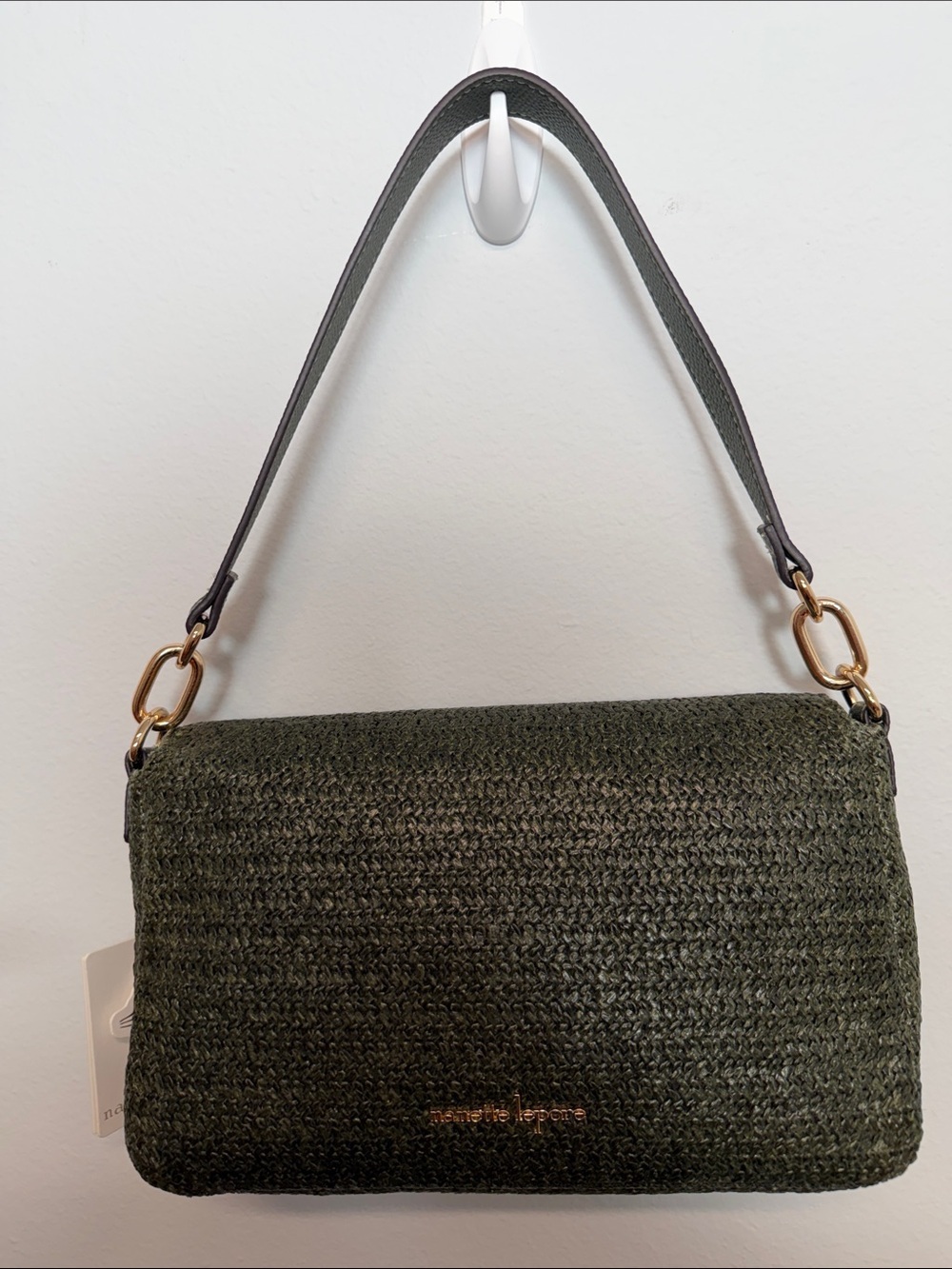 Nanette Lepore | Olive Green Straw Shoulder Bag w/ Flower Accent - Picture 7 of 12